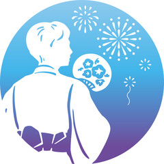 夏　浴衣　男性　シルエット　お祭り　花火　手描き　切絵　影絵　和風　背景　イラスト素材　モノクロ