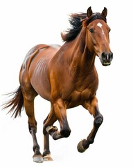 a brown horse is galloping on a white background