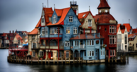 Naklejka premium several houses are painted different colors along a waterfront