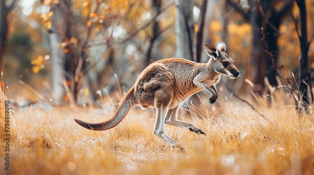 Aufkleber A kangaroo is running through a field of yellow grass. Concept of freedom and energy as the kangaroo leaps through the grass