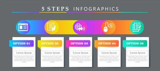 Steps infographics design layout template including icons of website, content, marketing, pay per click and result. Creative presentation with 5 options concept.