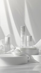 Artistic arrangement of skincare items on white