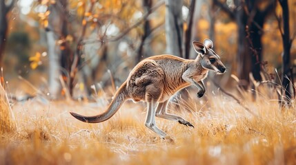 A kangaroo is running through a field of yellow grass. Concept of freedom and energy as the...