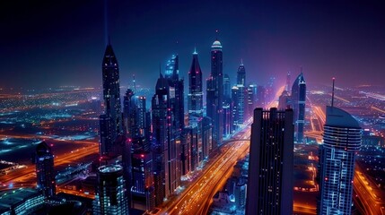 Panorama nocturno con rascacielos iluminados y calles concurridas, reflejando el vibrante estilo de vida urbano