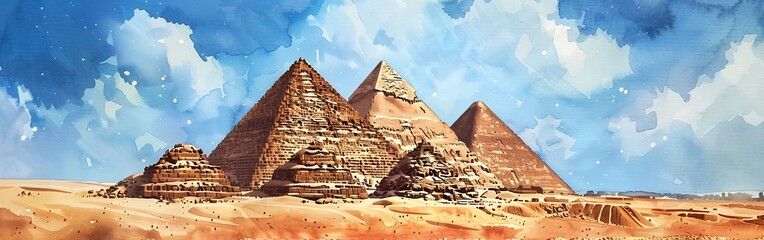 A watercolor illustration depicting three iconic pyramids set against a sandy desert backdrop. The ancient structures stand tall under the clear blue sky, capturing the timeless allure of Egypts archa