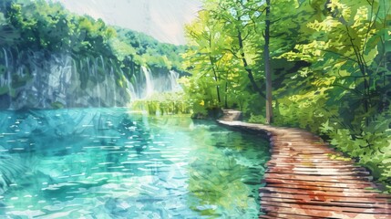 Obraz premium A watercolor illustration depicting a path winding towards a majestic waterfall in the Plitvice Lakes National Park. Lush greenery surrounds the path, leading the eye towards the powerful cascade of w