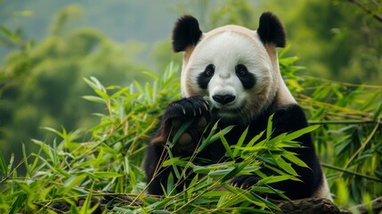 A giant panda bear is actively munching on bamboo shoots in a lush forest setting. The pandas...