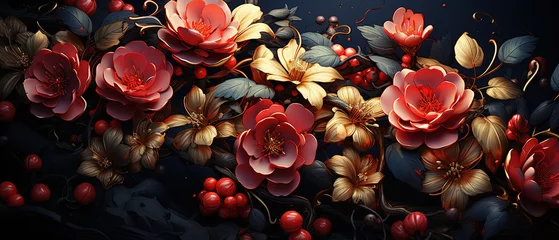 Foto op Canvas a painting of flowers and berries on a black background © Masum
