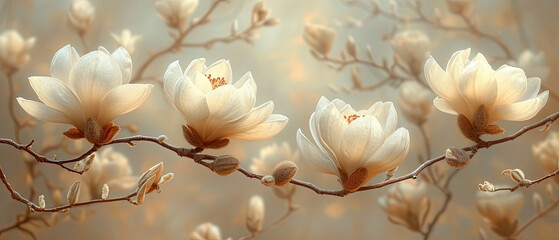 a many white flowers on a branch in the sun