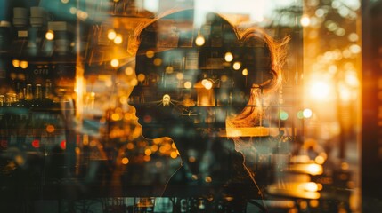 A womans face is reflected in the glass window, creating a double exposure effect. The reflection captures her features as she gazes outward with a contemplative expression.