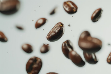  Roasted Coffee Beans Suspended in Mid-Air with Dynamic Movement on White Background
