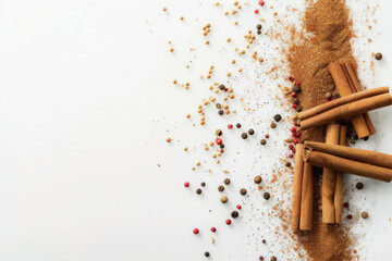 Assorted Spices and Seasonings Scattered on White with Cinnamon Sticks and Peppercorns