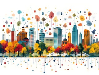 Obraz premium Integrated Urban Landscape with Vibrant Autumn Tones and Minimalist Data Visualization Elements