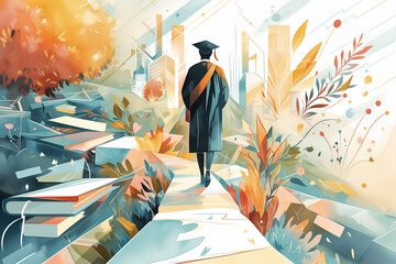 A student walks into the light after graduating from college.