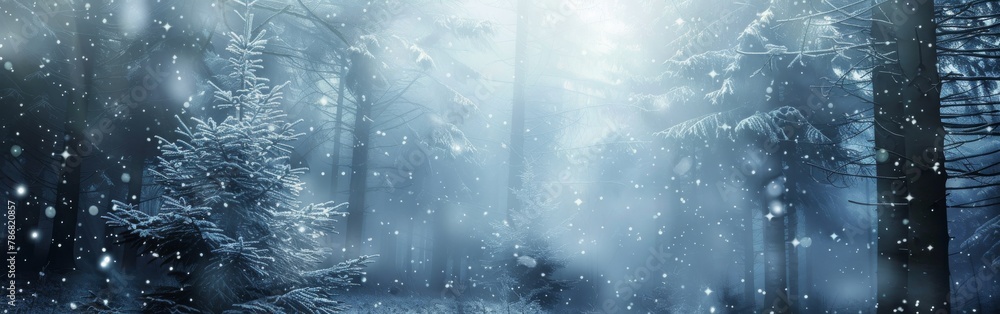 Aufkleber A winter scene of a forest covered in snow with tall trees standing amidst falling snowflakes. The trees are bare, their branches coated with a layer of white snow, creating a magical winter wonderlan