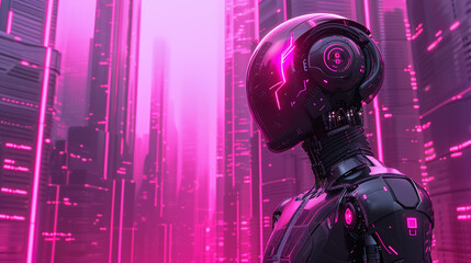 A dark colored robot looking out over a city with a pink atmosphere.