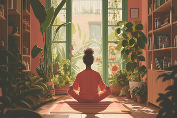 A woman in a red tracksuit is meditating in a room full of plants. Mental peacefulness - obrazy, fototapety, plakaty