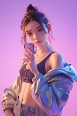 Naklejka premium Trendy Teenage 3D Model in Casual Style with Smartphone on Purple Background - Fashionable Virtual Influencer Avatar