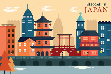 Japan skyline concept flat vector illustration,Travel to Japan concept with skyline and famous buildings landmark