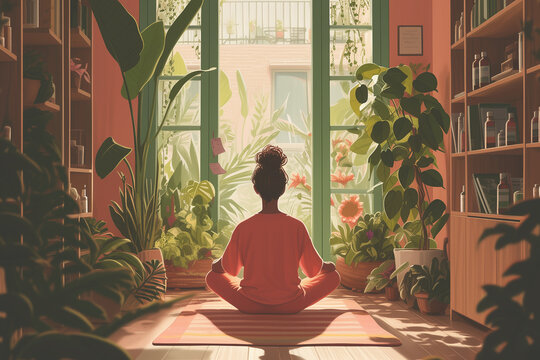 A woman in a red tracksuit is meditating in a room full of plants. Mental peacefulness