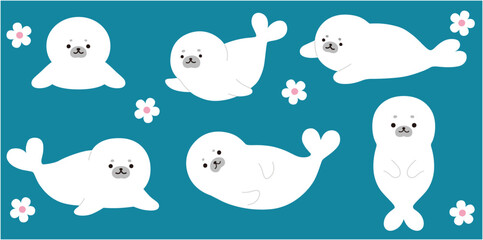 アザラシの赤ちゃんのベクターイラストセット。アイコン、動物、海、南極、水族館 © chie
