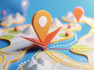 Embark on a journey with our map search and delivery banner template, showcasing a 3D rendered map marker icon, paper plane, and dashed line depicting the route - obrazy, fototapety, plakaty