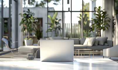 back view image of a laptop computer on a white tabletop in a contemporary office. 