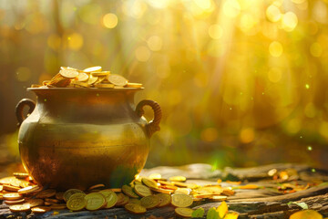 Pot of gold coins on blurred nature golden background. Golden coins in the pot.