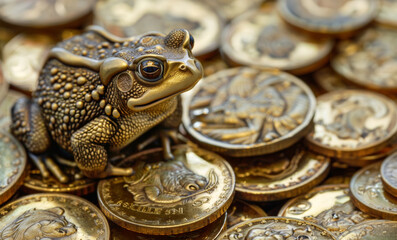 Money toad, frog on a pile of coins, saving, accumulation, financial crisis