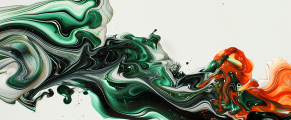 Swirls of emerald green and vibrant coral elegantly dance across a pristine white backdrop, weaving together to form an abstract tableau bursting with dynamic energy