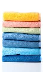 Stack of colorful towels on white