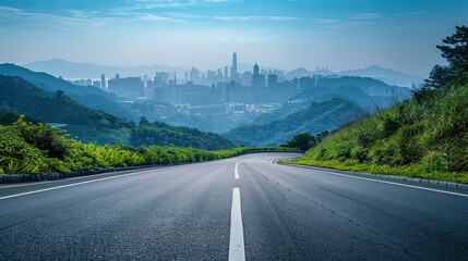 Asphalt Highway and Skyline with Modern Buildings: A Scenic Road Trip to the Mountains and the Journey to Modernity with a City’s Skyline Beyond Nature