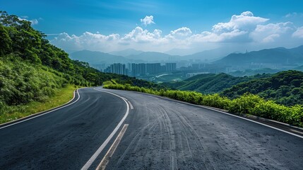 Asphalt Highway and Skyline with Modern Buildings: A Scenic Road Trip to the Mountains and the Journey to Modernity with a City&rsquo;s Skyline Beyond Nature