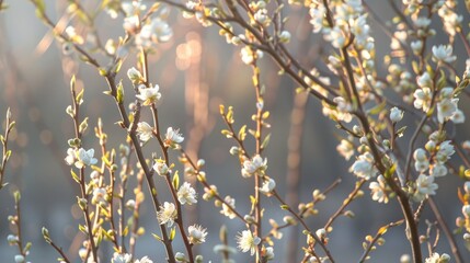 Detailed look at blossoming willow limbs - obrazy, fototapety, plakaty