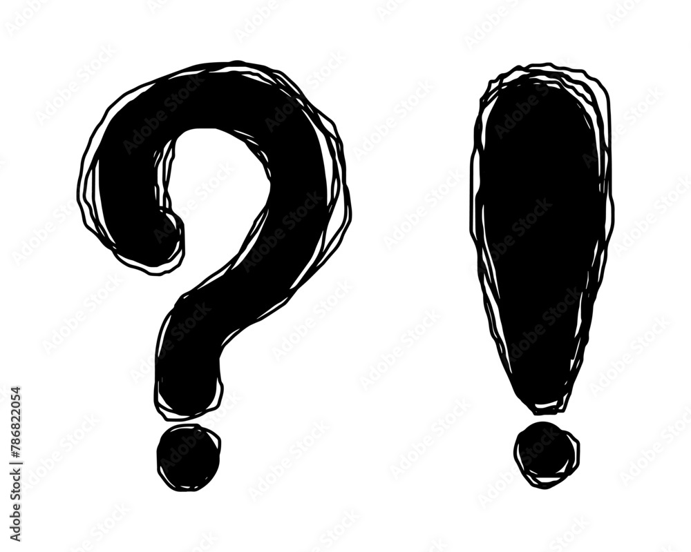 Poster set of hand drawn question marks and exclamation. doodle questions marks. isolated on black and whit