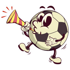 football soccer ball cartoon vector isolated clip art illustration mascot blowing party trumpet, vector work of hand drawn