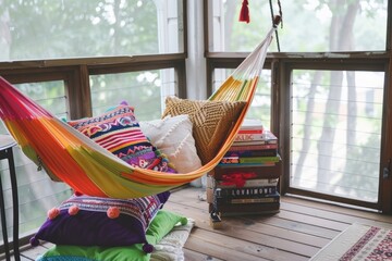 A cozy reading corner with a colorful hammock chair, bright accent pillows, and a stack of colorful books, Generative AI