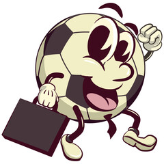 football soccer ball cartoon vector isolated clip art illustration mascot wearing a tie and carrying a suitcase rushing to the office, vector work of hand drawn