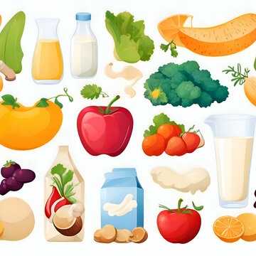 Healthy food set. Vegetables, fruits, milk, mushrooms collection