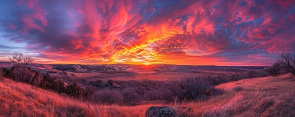 Sundown sky ablaze with colors, wide panoramic view, no birds, just the tranquil beauty of day's end. - obrazy, fototapety, plakaty