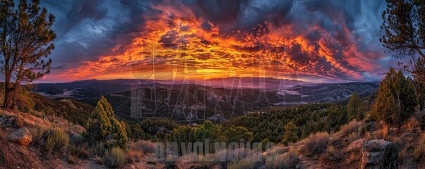 Sundown sky ablaze with colors, wide panoramic view, no birds, just the tranquil beauty of day's end. - obrazy, fototapety, plakaty