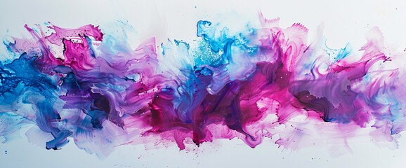Vibrant bursts of magenta and serene sweeps of pastel blue converge against a pure white background, giving rise to a captivating abstract artwork