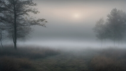 Obraz na płótnie Canvas An image that captures the mysterious allure of dense fog, with muted tones and soft edges obscuring the landscape, hinting at hidden secrets waiting to be discovered ULTRA HD 8K