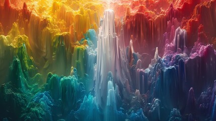 Picture an immersive 3D environment where a spectrum of colors cascades like a waterfall, creating a multi-layered landscape of hues that enchants the viewer.