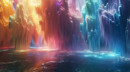 Picture an immersive 3D environment where a spectrum of colors cascades like a waterfall, creating a multi-layered landscape of hues that enchants the viewer. - obrazy, fototapety, plakaty