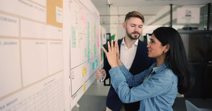 Indian and European office employees learn data, read information written on sticky post-it notes, planning and analysing info, share insights with colleague, engaged in thoughts sharing and teamwork