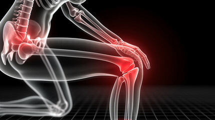llustration of ACL pain, highlighted in red on the Knee area, on black background, x-ray human body.