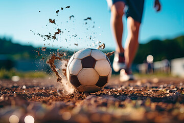 Dynamic Soccer Kick in Dusty Sunset: Athletic Moment on Rural Field
