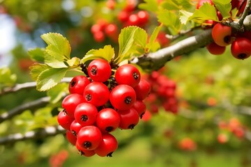 Obraz premium Hawthorn Berrys hanging from a tree branch in the Hawthorn Berry orchard