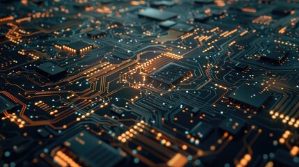 Close up of computer chip with many orange and black components